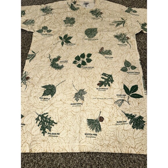 VINTAGE 1990s TREE LEAVES All Over Print Graphic T-Shirt SINGLE STITCH L AOP - Picture 6 of 8